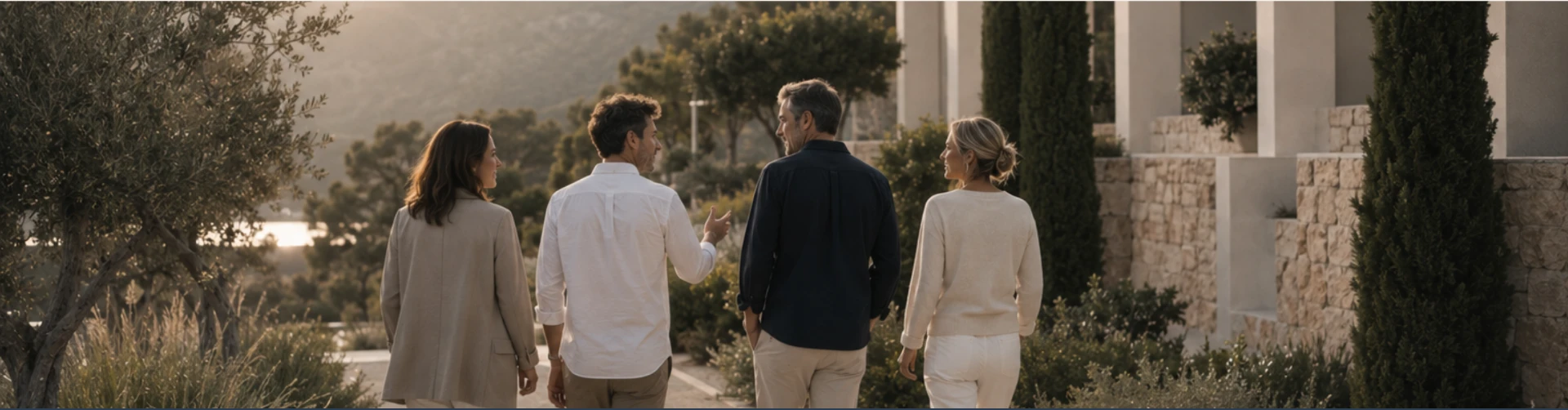 Equipo directivo conversando durante un paseo al atardecer